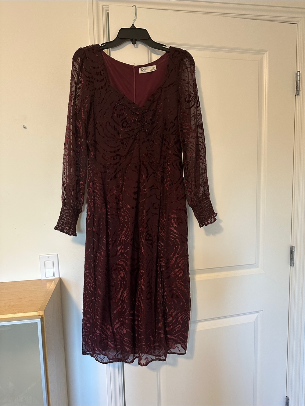 Dex Burgundy Midi Dress with Lace Overlay